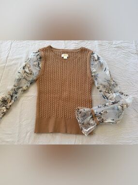 Anthropologie Camel Cable Knit Sleeveless Sweater with Floral Sheer Sleeves